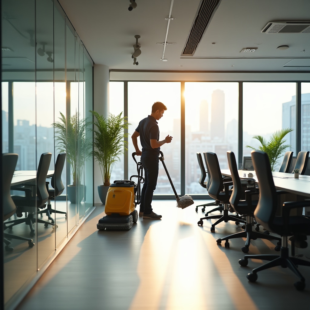 Процесс уборки современного офисного пространства